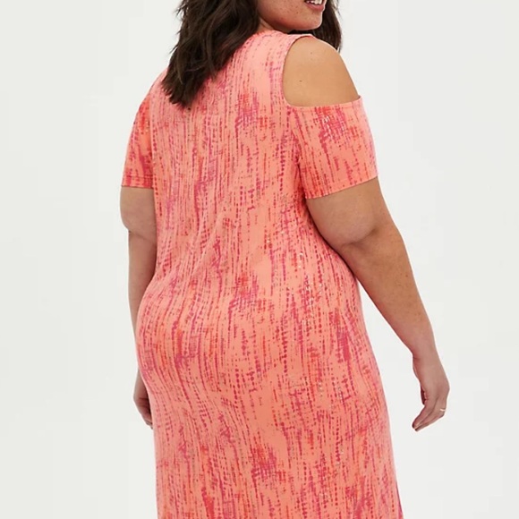 Super Soft Cold Shoulder Orange Tie Dye T-Shirt Dress - Picture 6 of 7